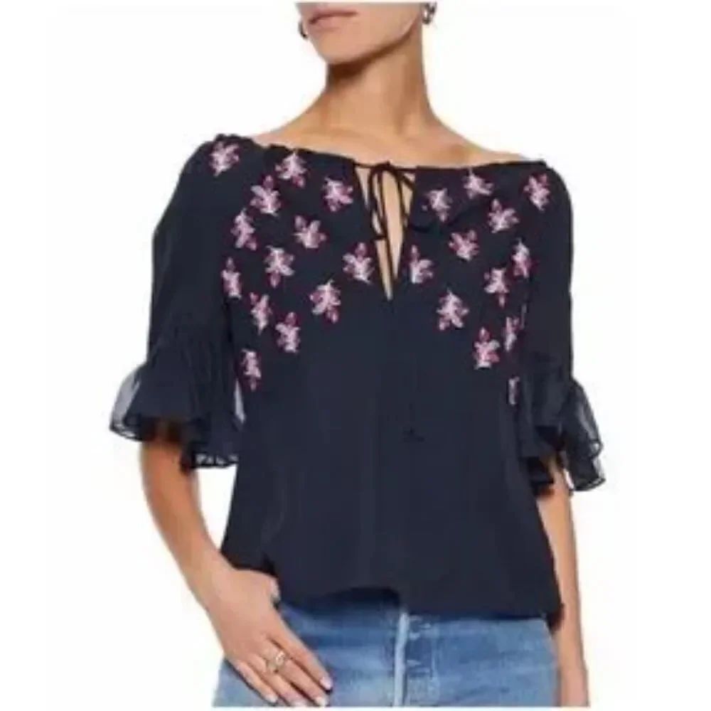 NWT Cinq A Sept Daria Split Neck Silk Blouse Navy Blue Small